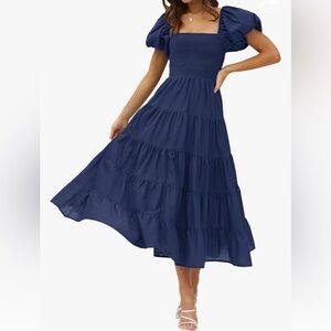 4th Ready!!! Puff sleeve smocked maxi dress in deep navy blue size M 8/10